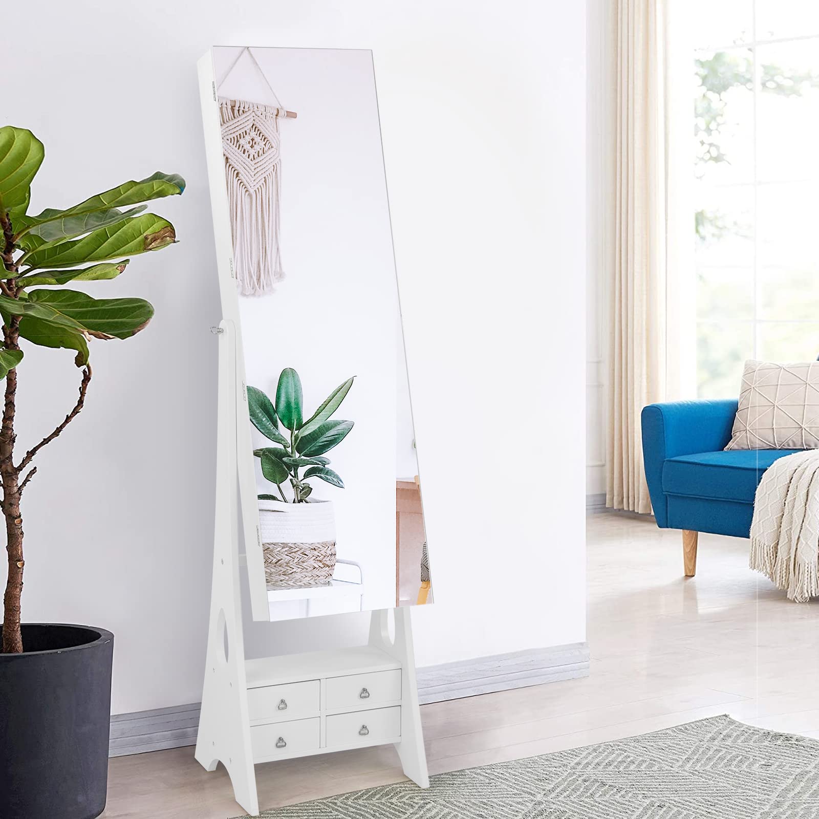 CHARMAID Jewelry Cabinet with LED Light Strip, Floor Jewelry Armoire with High Full Length Mirror