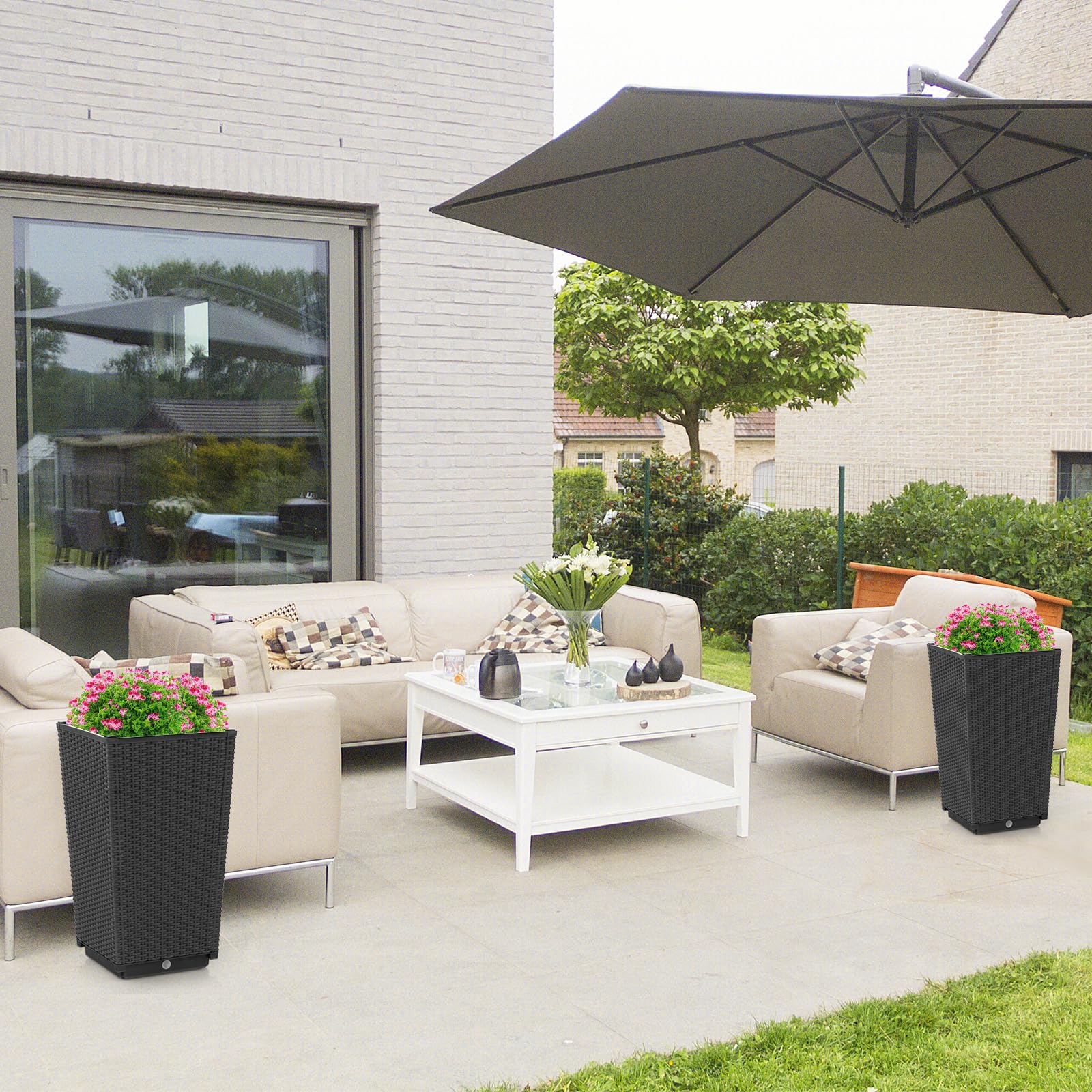 Giantex Outdoor Wicker Flower Pot Set of 2, 22.5” Tall Planters with Drainage Hole, Self-Watering Tray