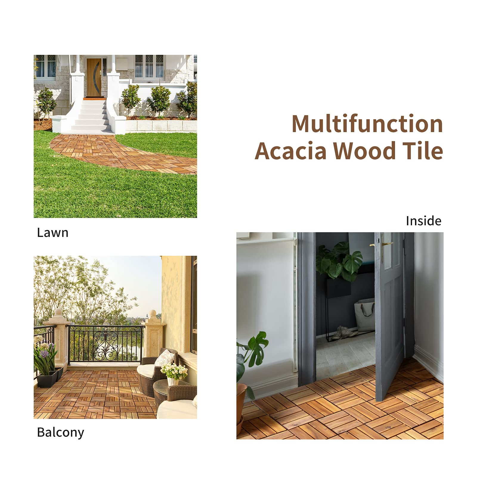 Giantex 27 PCS Interlocking Patio Deck Tiles, 12 x 12in Acacia Hardwood Floor Tiles, Tools Free Assembly