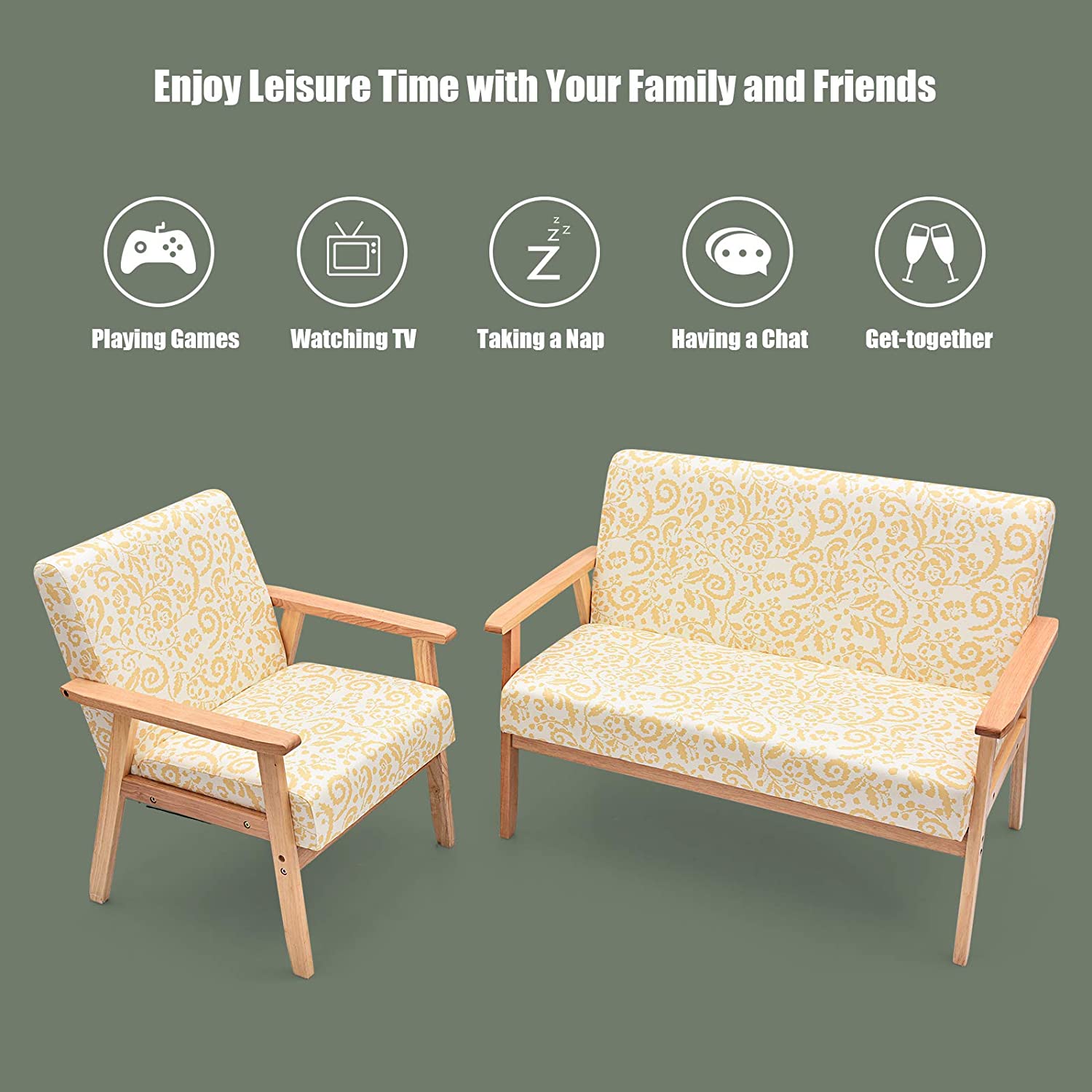 Mid-Century Wooden Loveseat Accent Chair Set