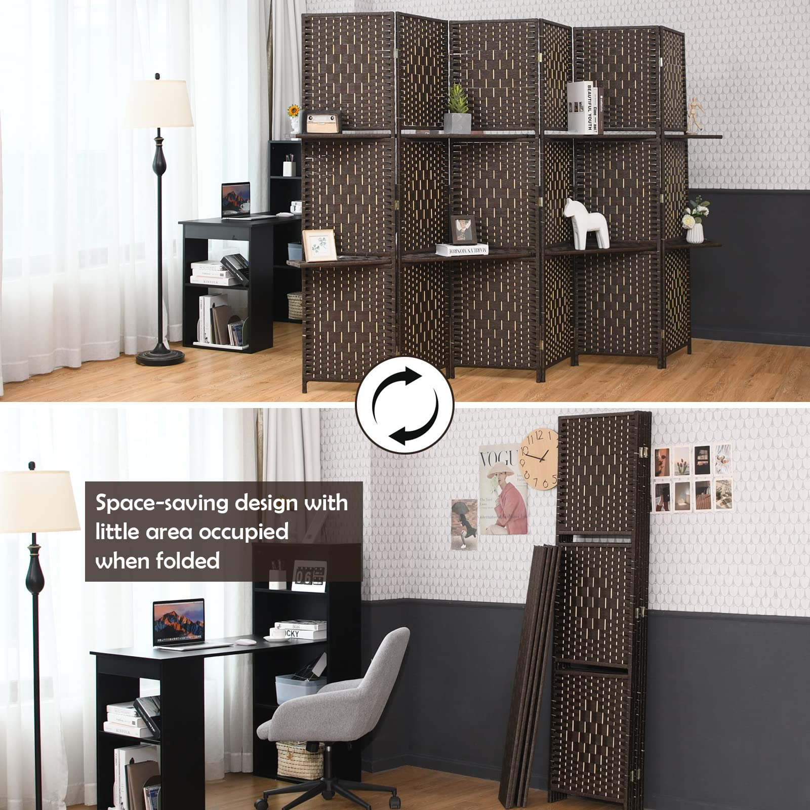 Giantex 6 Panel Room Divider Screen, 6Ft Hand-Woven Rattan Wood Room Divider w/ Shelves