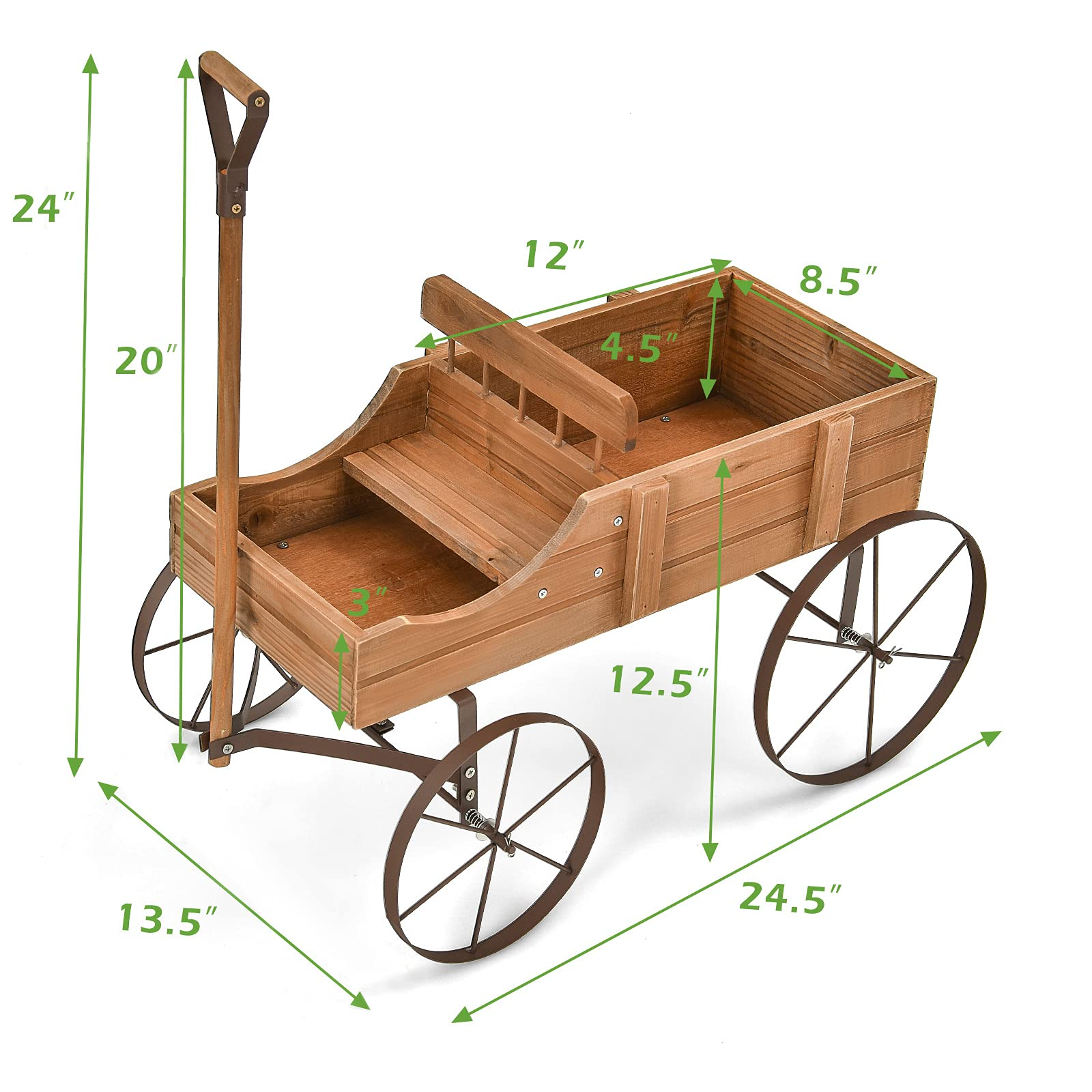Giantex Decorative Garden Planter, Small Wagon Cart with Metal Wheels, Wood Raised Beds Plant Pot Stand for Backyard Garden Patio 24.5"x13.5"x24"