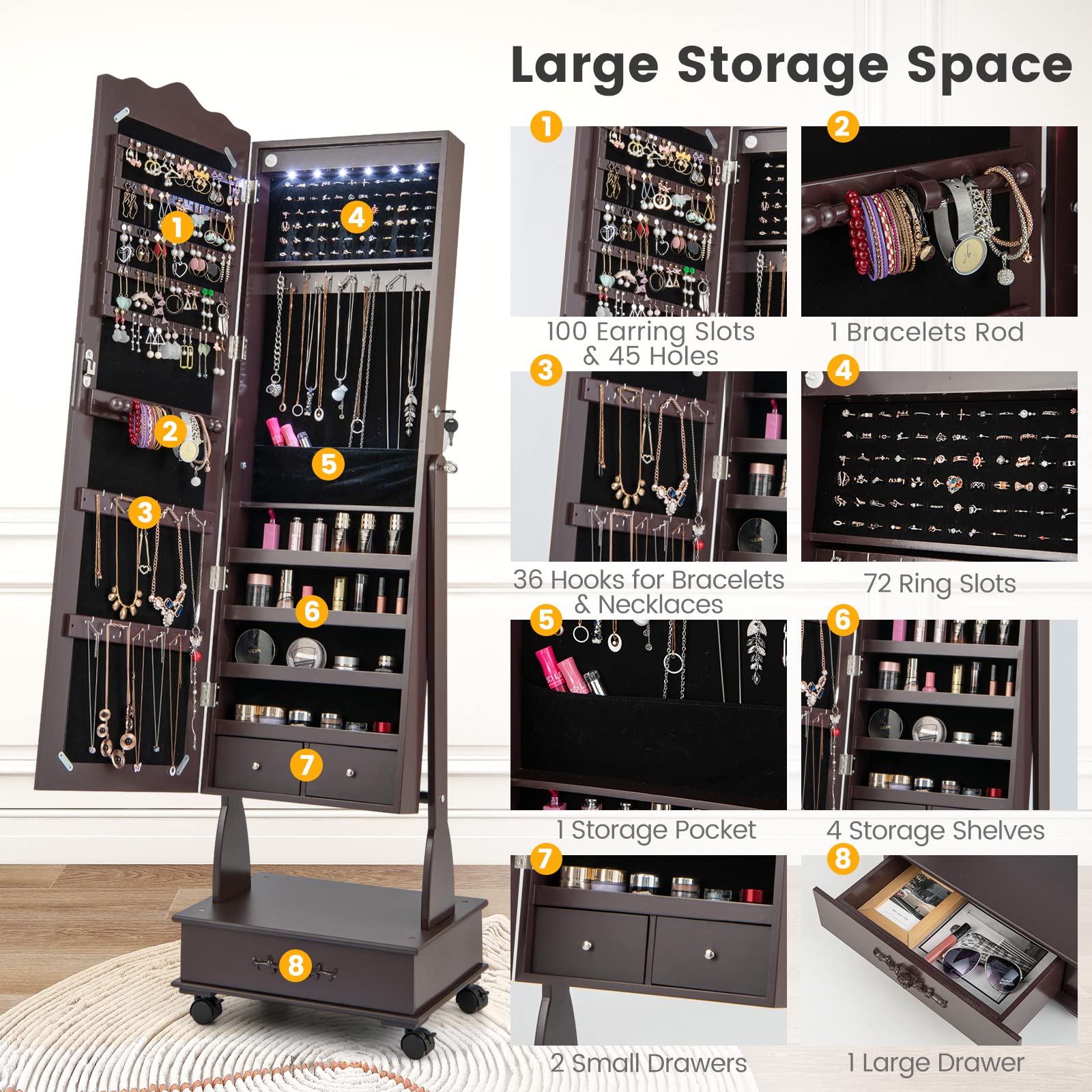 CHARMAID 6 LEDs Rolling Jewelry Cabinet with High Full Length Mirror, Lockable Standing Jewelry Armoire with Wheels