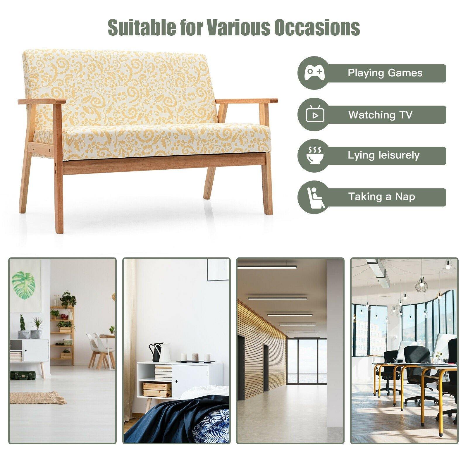 Giantex Mid-Century Wooden Loveseat, Upholstered Wooden Lounge Accent Chair