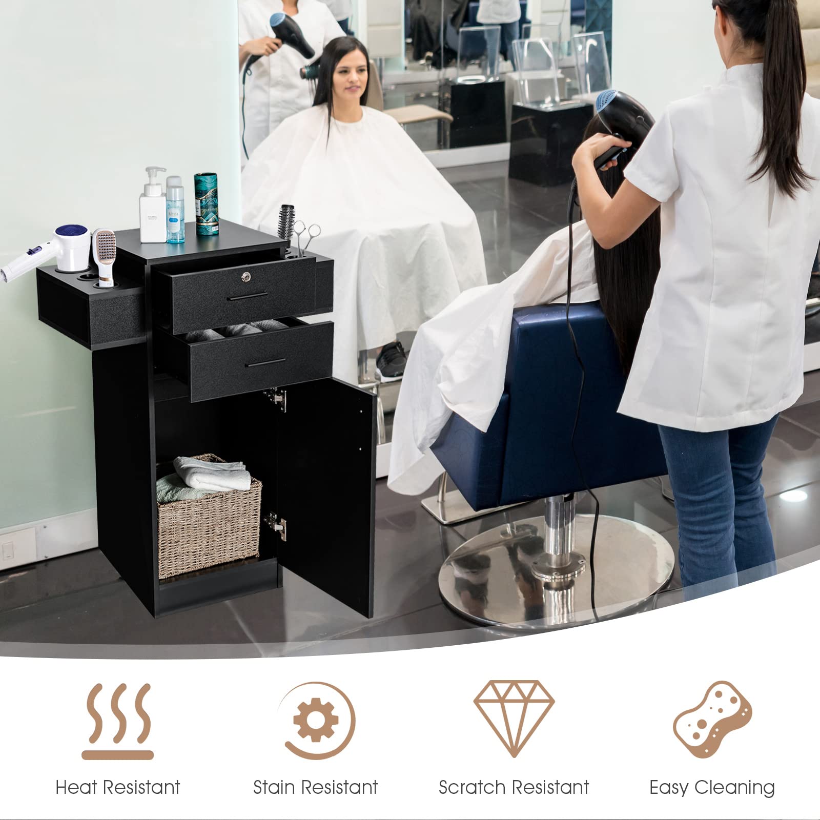 Salon Station Storage Cabinet for Hair Stylist, Black