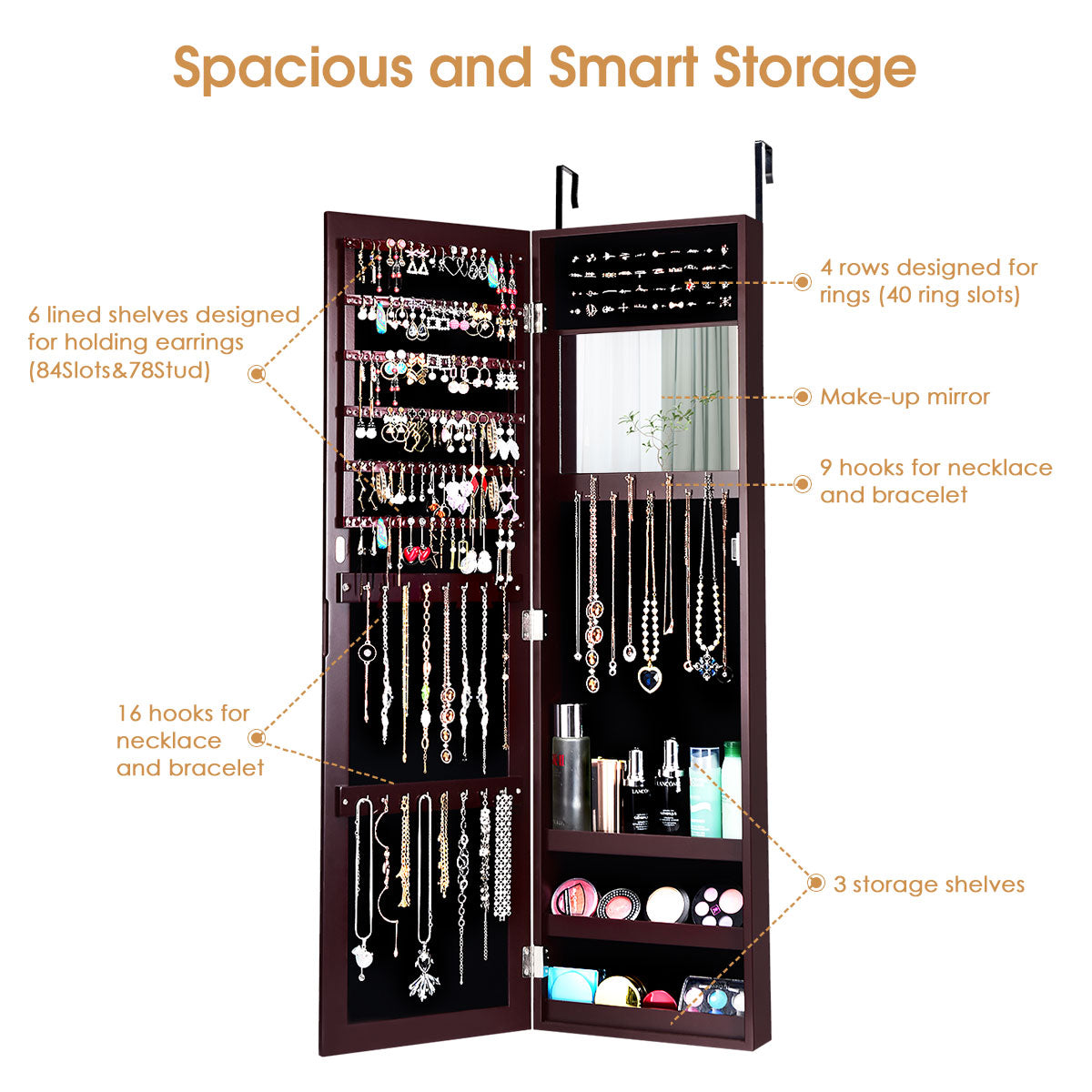 Jewelry Armoire Cabinet Wall Door Mounted with Full Length Mirror