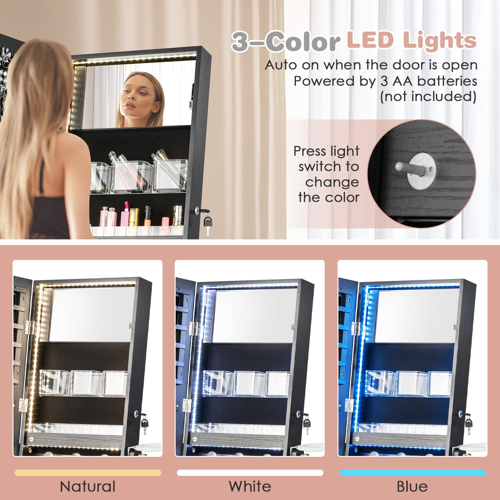 CHARMAID Jewelry Cabinet with 3-Color LED Light Strip