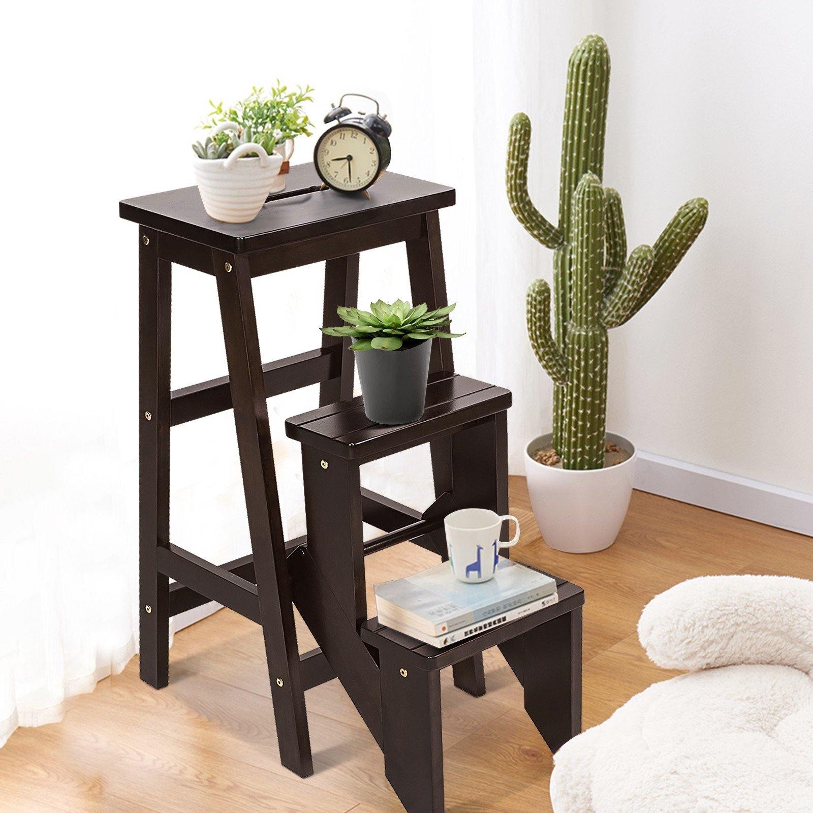 3 Tier Folding Step Ladder, Multifunction 3-in-1 Wood Step Stool