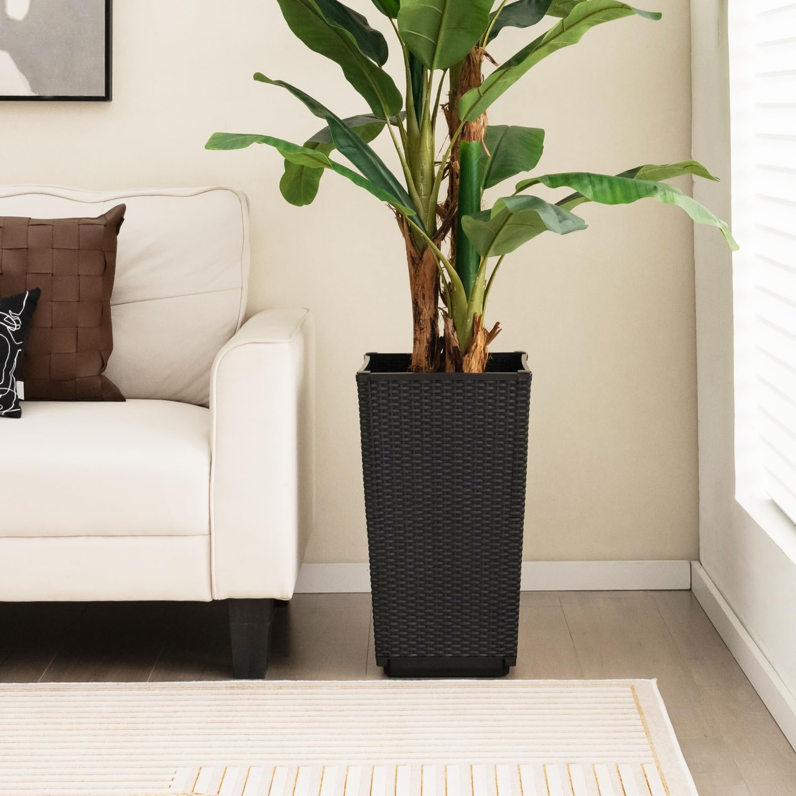 Giantex Outdoor Wicker Flower Pot Set of 2, 22.5” Tall Planters with Drainage Hole, Self-Watering Tray