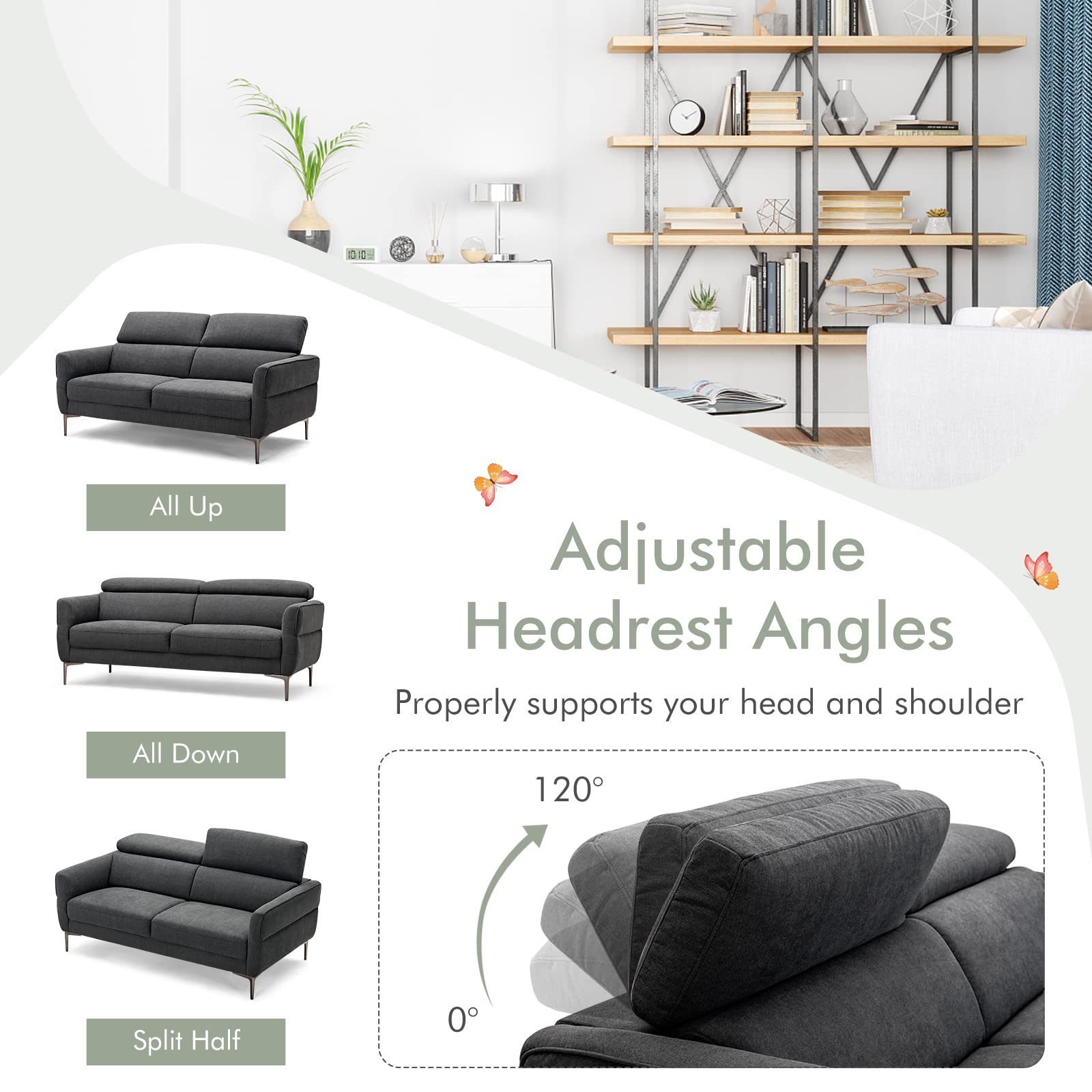 Giantex Couch, Upholstered Loveseat with Lift-up Headrest and Metal Legs