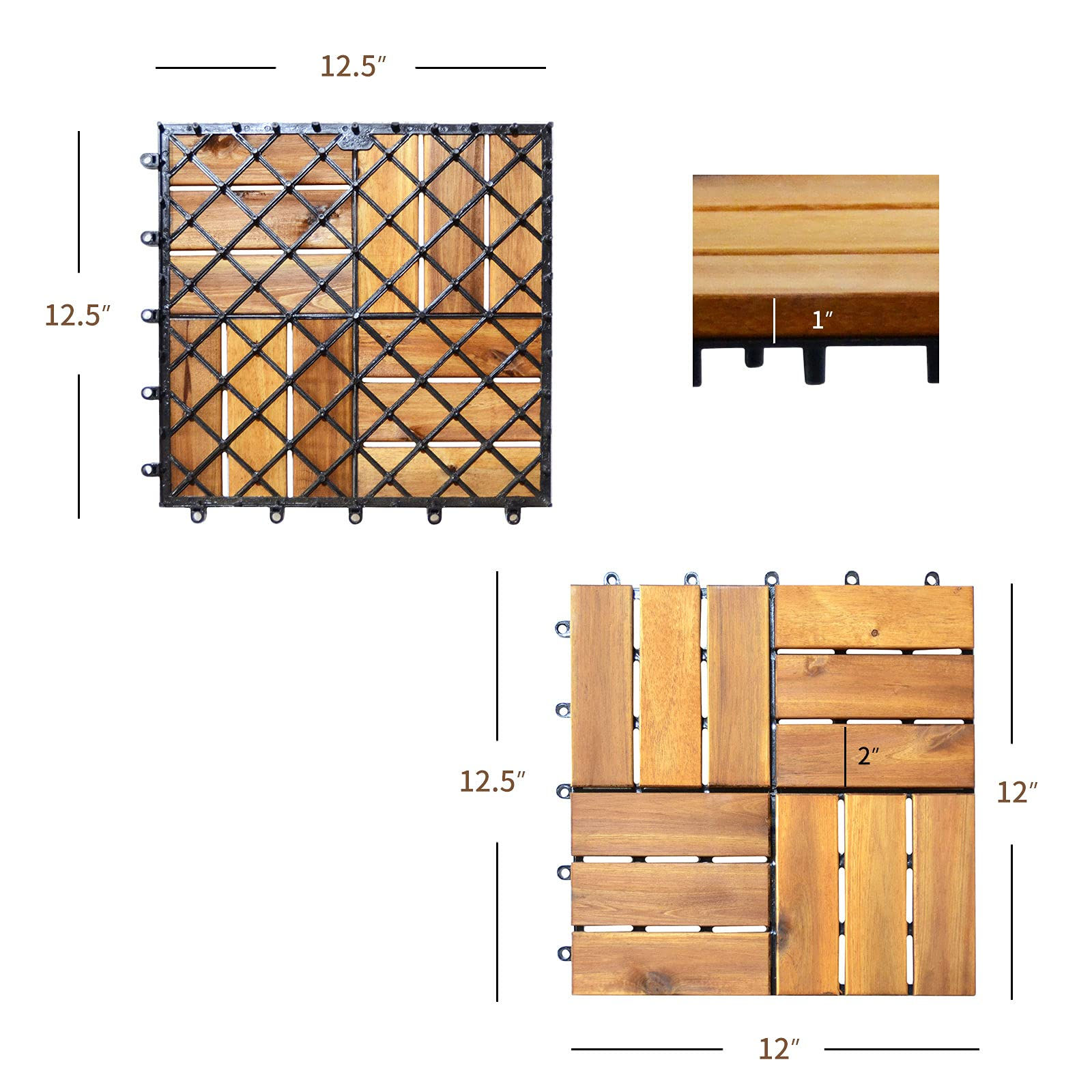 Giantex 27 PCS Interlocking Patio Deck Tiles, 12 x 12in Acacia Hardwood Floor Tiles, Tools Free Assembly
