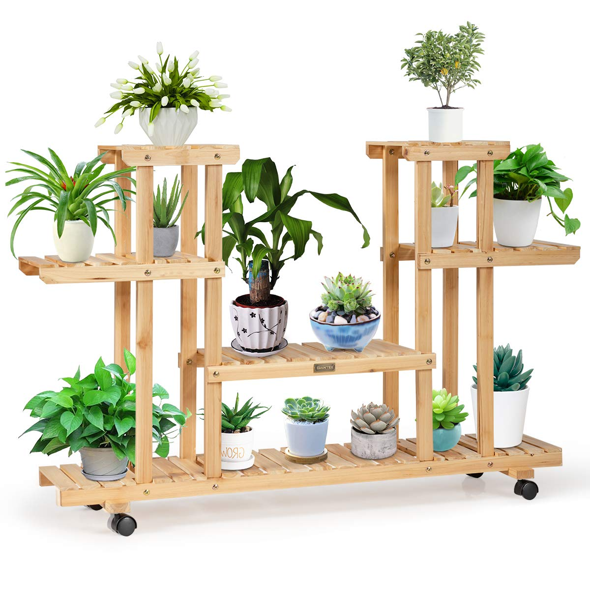 Giantex Rolling Flower Rack Wood Plant Stand on Wheels