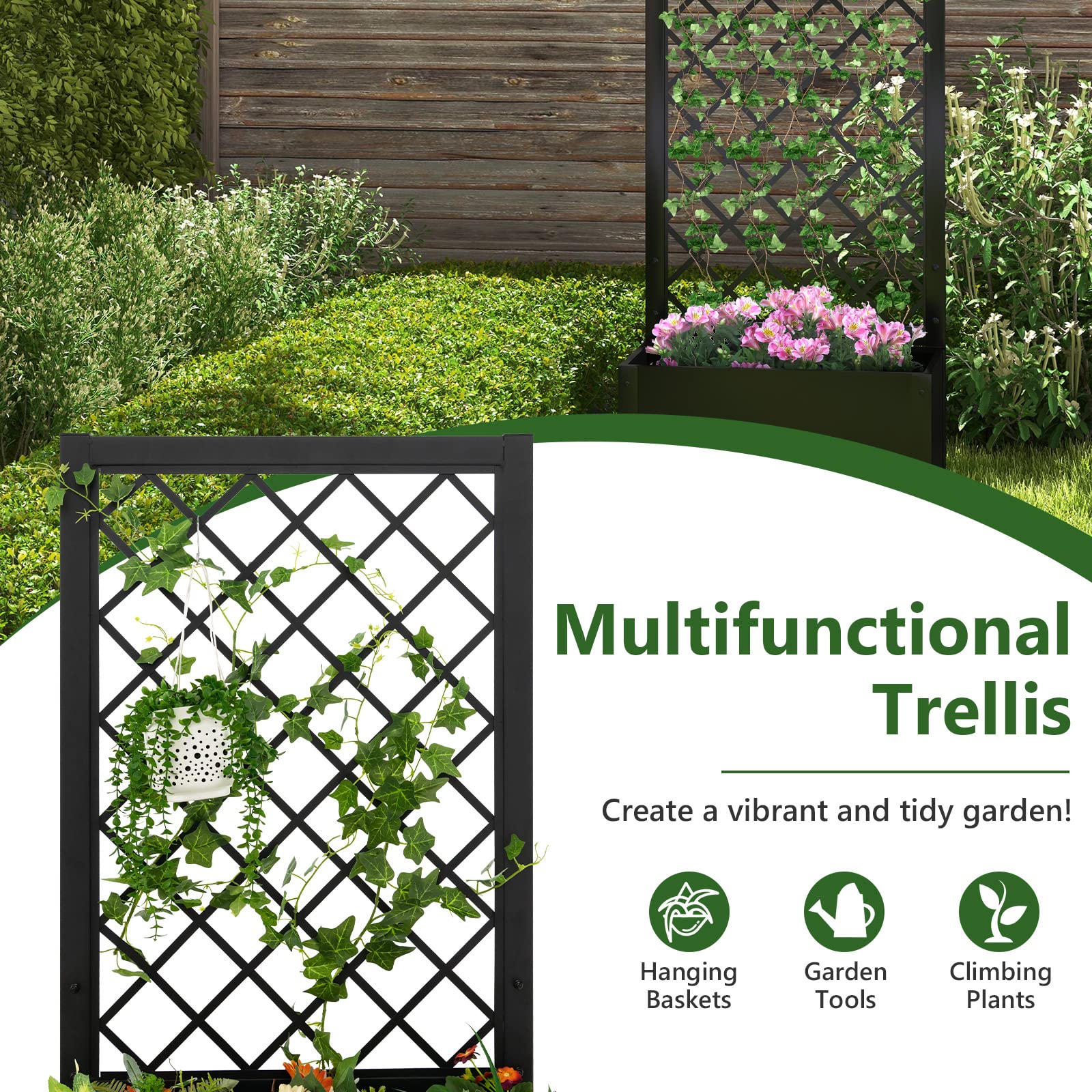 Giantex Raised Garden Bed with Trellis, 49" Metal Vertical Planter with Garden Trellis