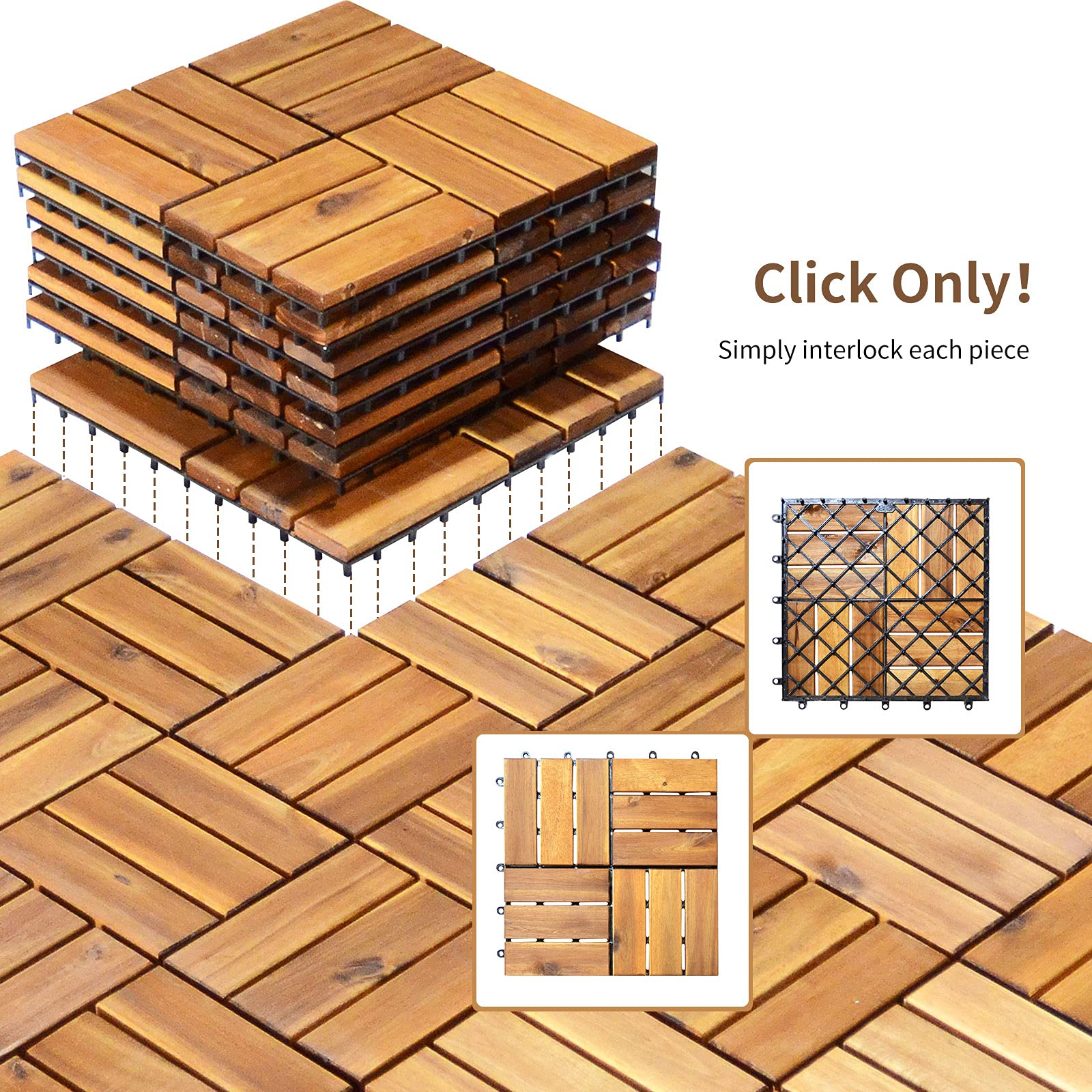 Giantex 27 PCS Interlocking Patio Deck Tiles, 12 x 12in Acacia Hardwood Floor Tiles, Tools Free Assembly