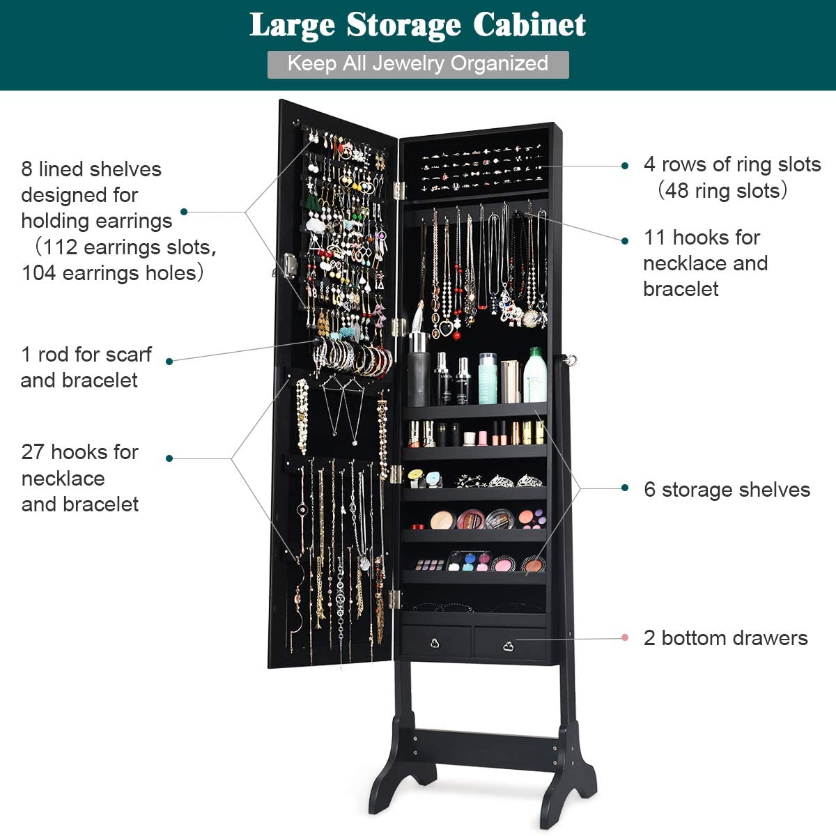 Lockable Standing Jewelry Armoire with Full Length Mirror