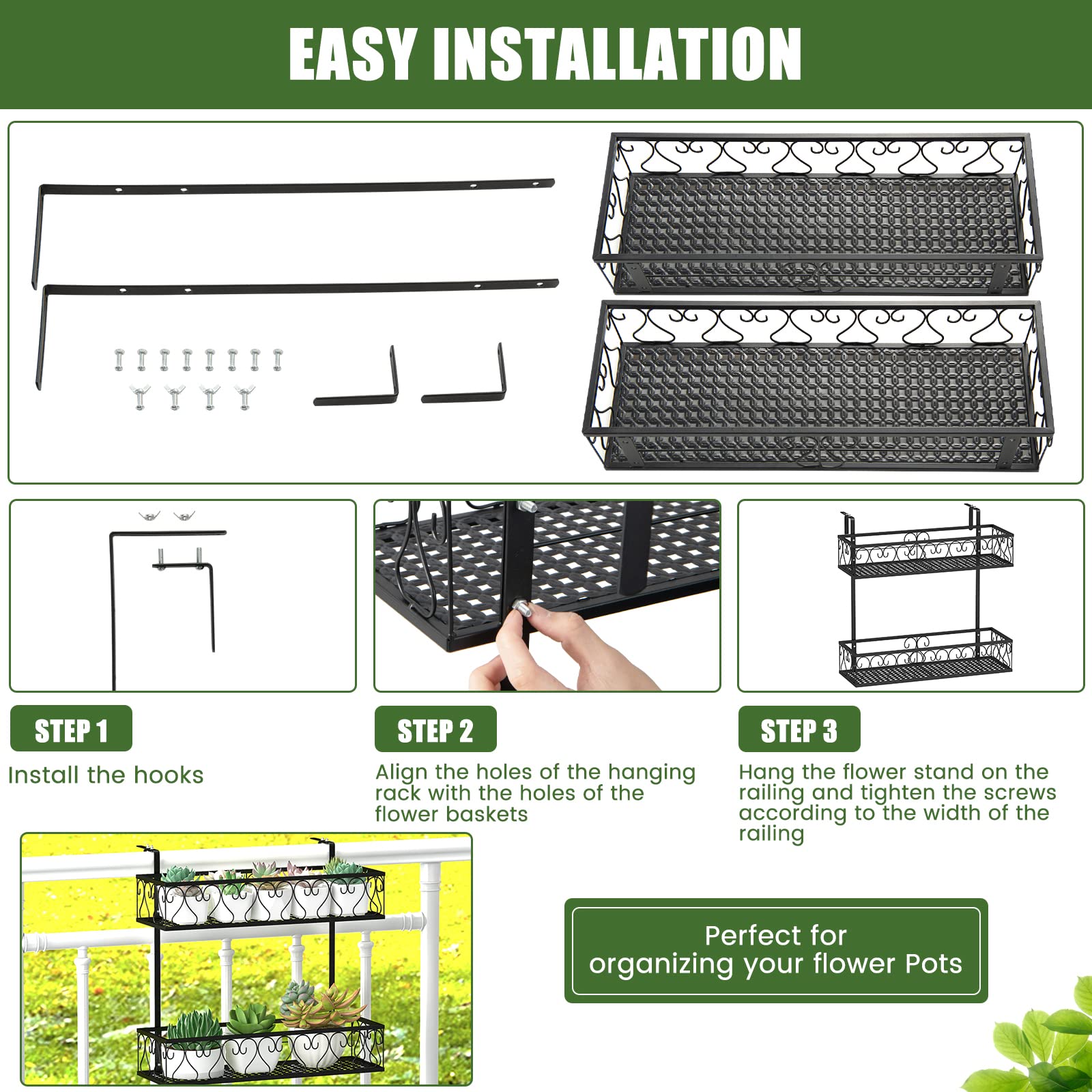 Giantex Balcoy Flower Pot Stand Rack w/ Adjustable Hooks & 2 Planter Baskets