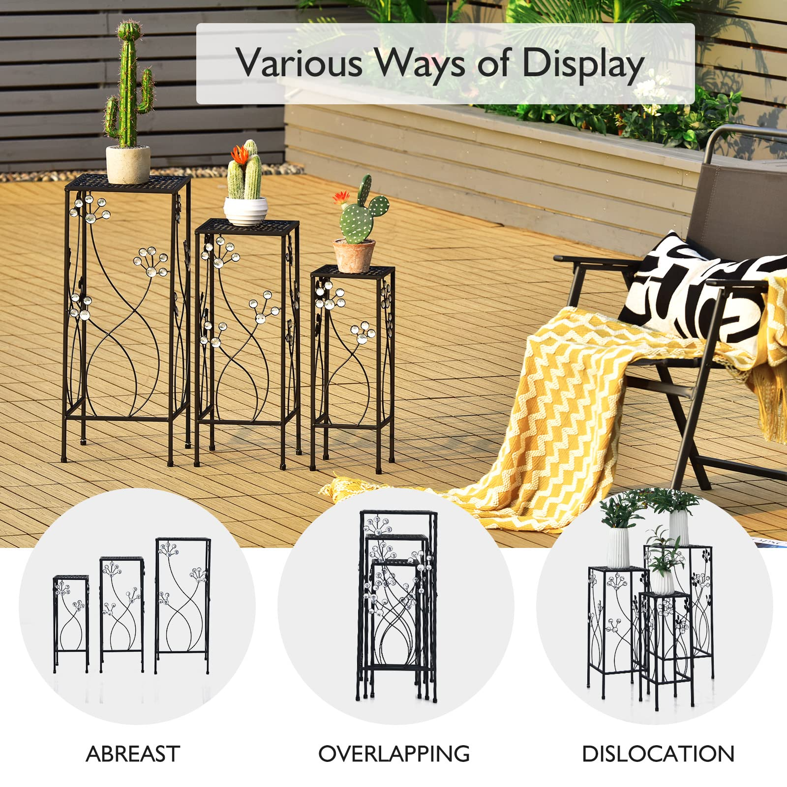 3 Pieces Flower Pots Display Rack with Vines and Crystal Floral Design