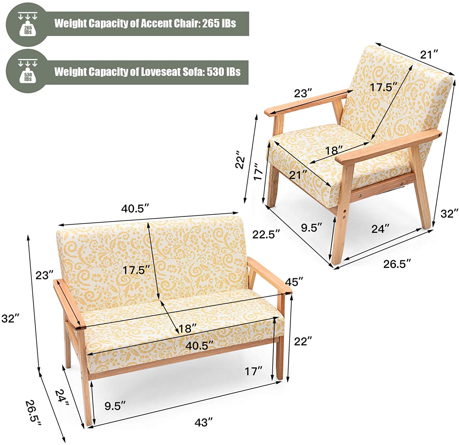 Mid-Century Wooden Loveseat Accent Chair Set