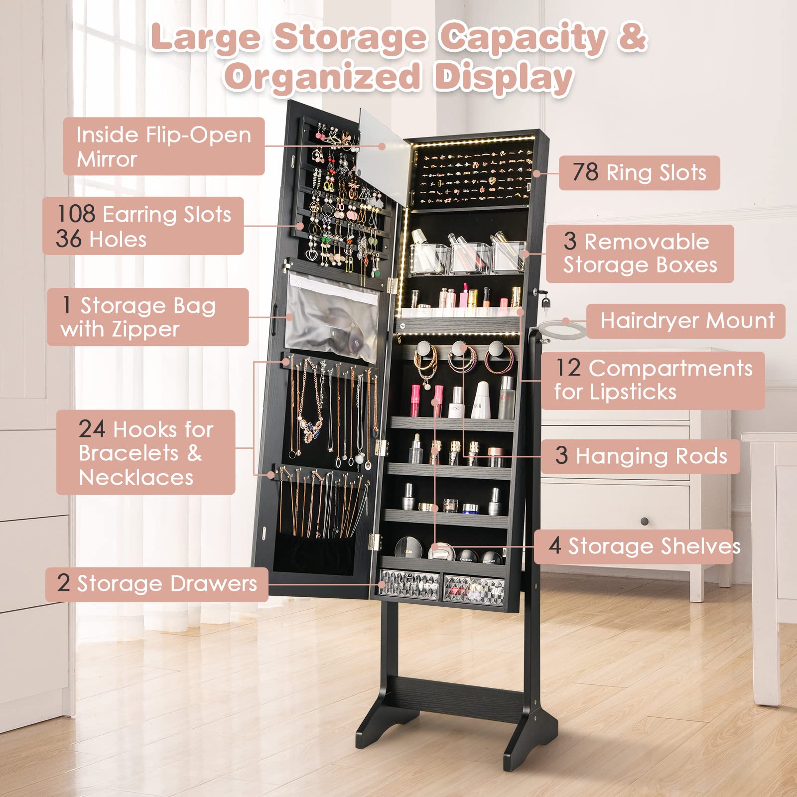 CHARMAID Jewelry Cabinet with 3-Color LED Light Strip