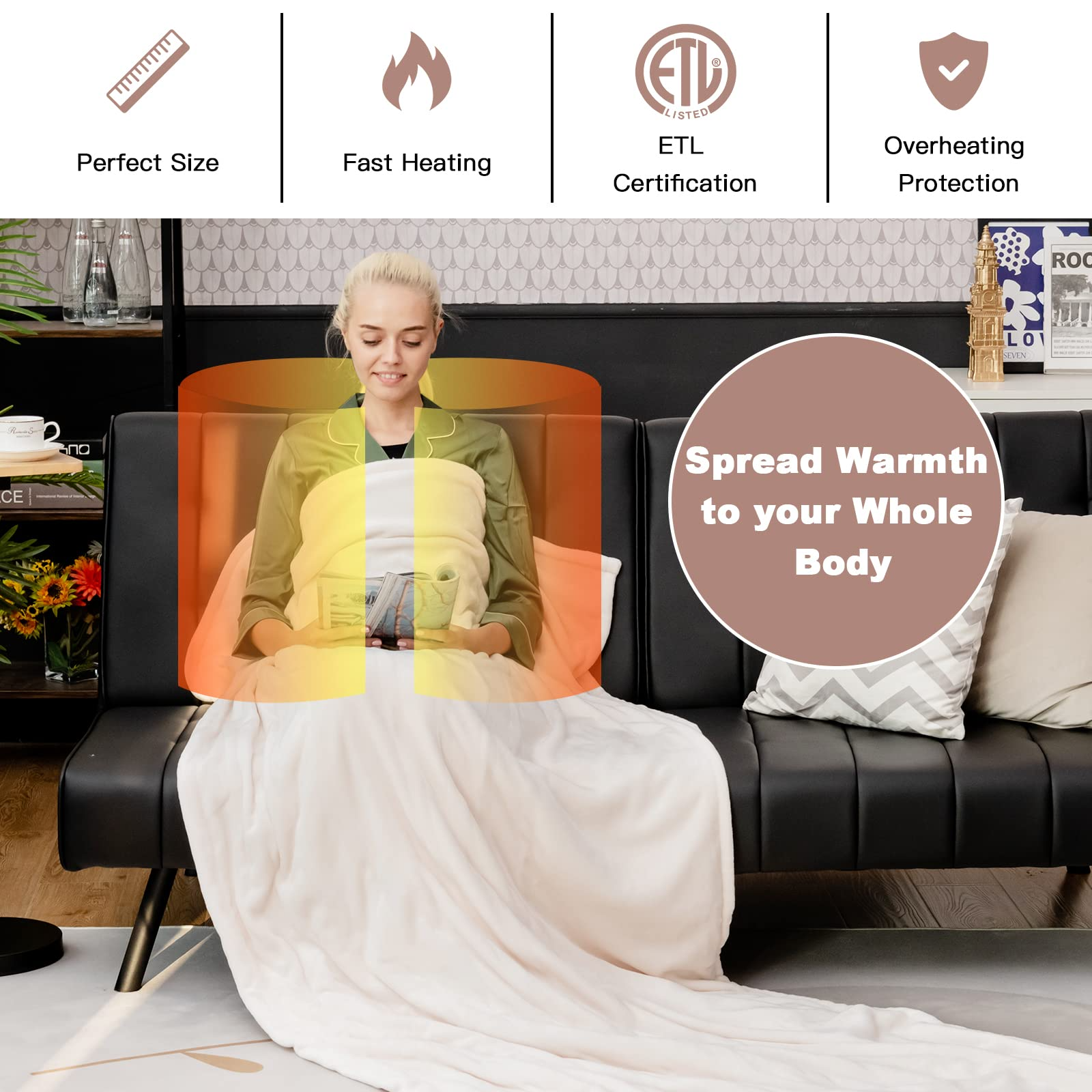 Giantex Electric Heated Blanket, Flannel Electric Blanket Throws, 10 Heating Levels, 8 Hours Auto Off