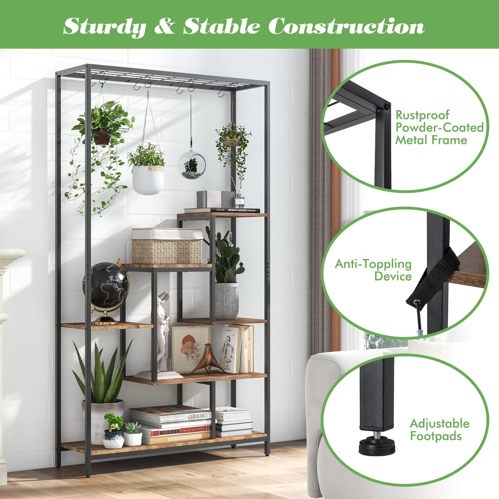 Giantex 71" Tall Plant Stand Indoor, 6-Tier Metal Plant Shelf with 10 Hanging Hooks