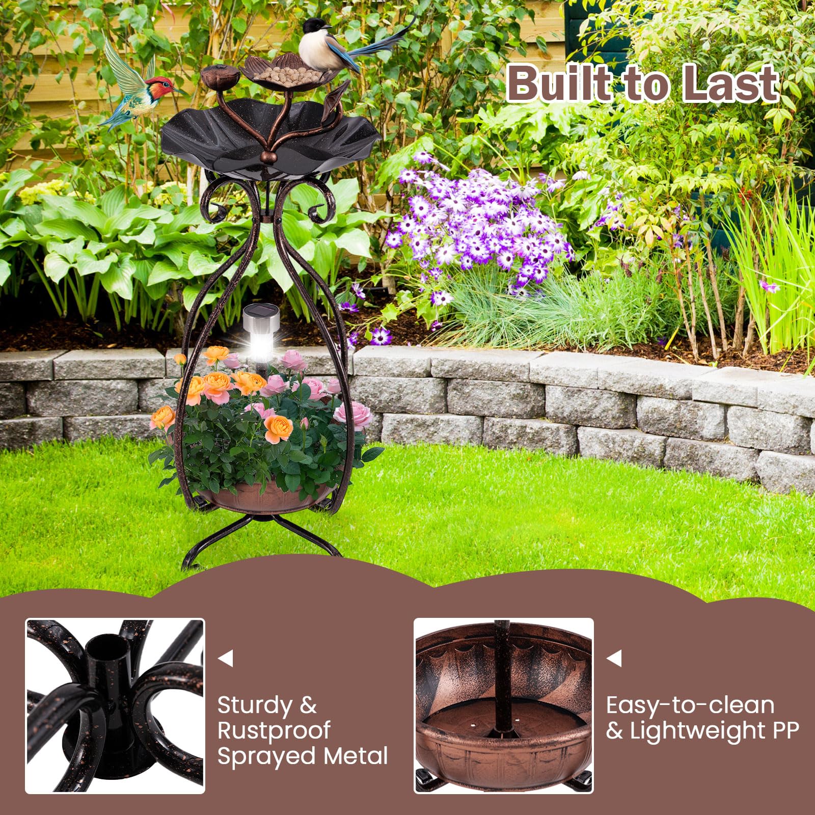 Giantex Bird Bath with Planter - Solar Lighted Bird Bath for Outside with Bird Feeder