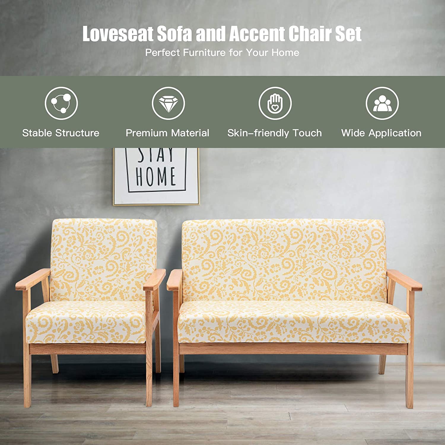 Mid-Century Wooden Loveseat Accent Chair Set