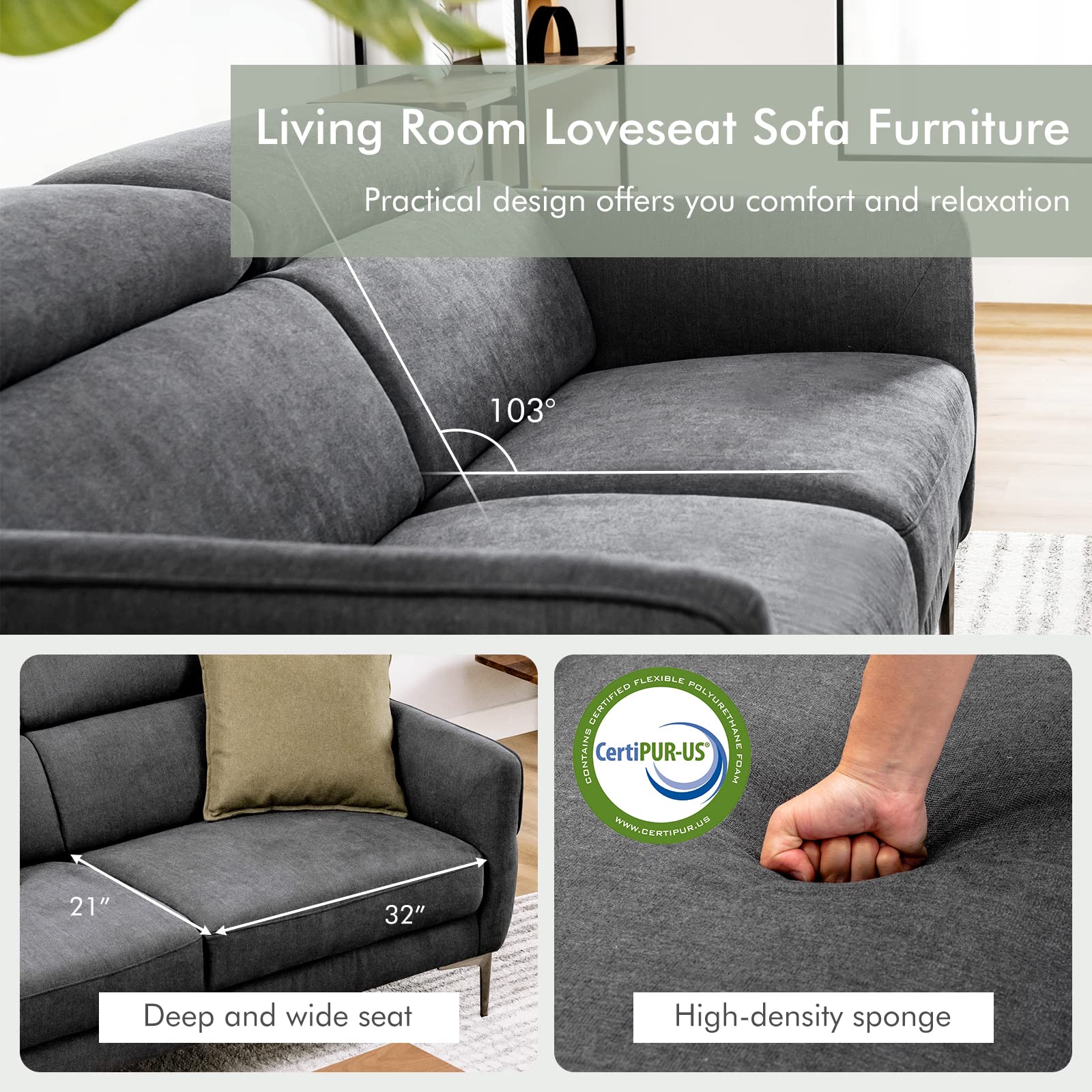 Giantex Couch, Upholstered Loveseat with Lift-up Headrest and Metal Legs