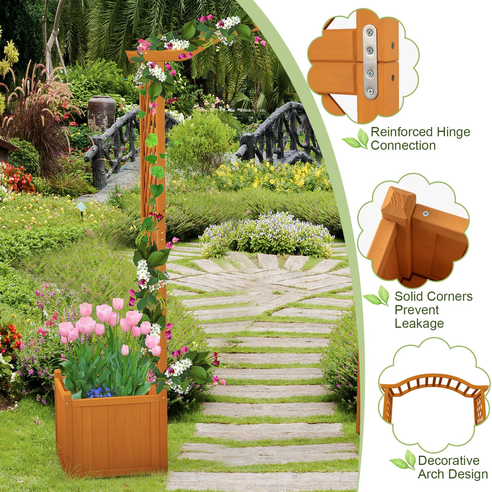 Giantex Garden Arbor with Planter, Wooden Planter Arch with Trellis, Outdoor Arch for Climbing Plants