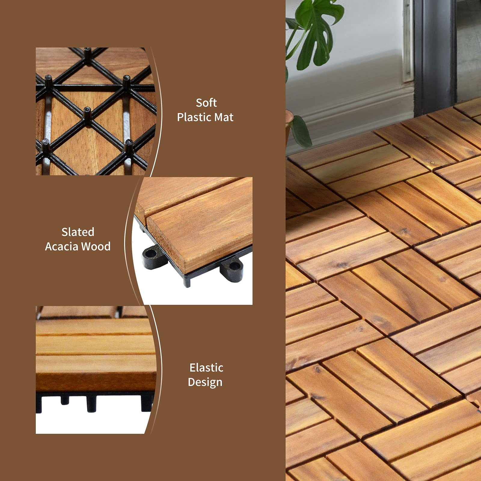 Giantex 27 PCS Interlocking Patio Deck Tiles, 12 x 12in Acacia Hardwood Floor Tiles, Tools Free Assembly