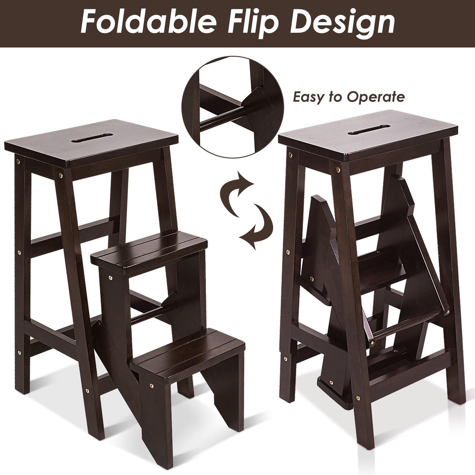 3 Tier Folding Step Ladder, Multifunction 3-in-1 Wood Step Stool