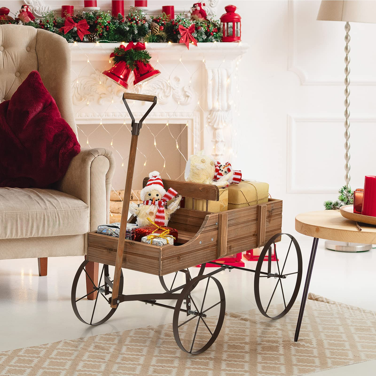 Giantex Decorative Garden Planter, Small Wagon Cart with Metal Wheels, Wood Raised Beds Plant Pot Stand for Backyard Garden Patio 24.5"x13.5"x24"