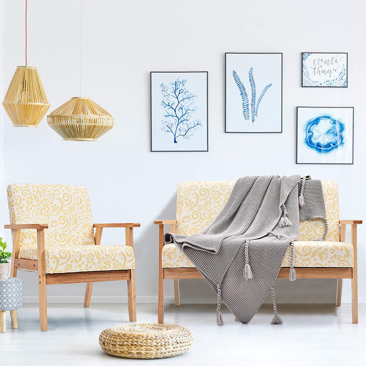 Mid-Century Wooden Loveseat Accent Chair Set