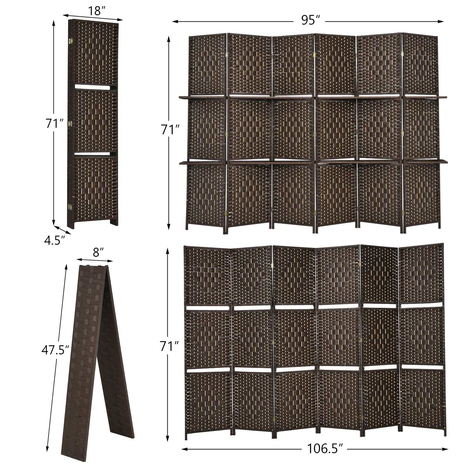 Giantex 6 Panel Room Divider Screen, 6Ft Hand-Woven Rattan Wood Room Divider w/ Shelves