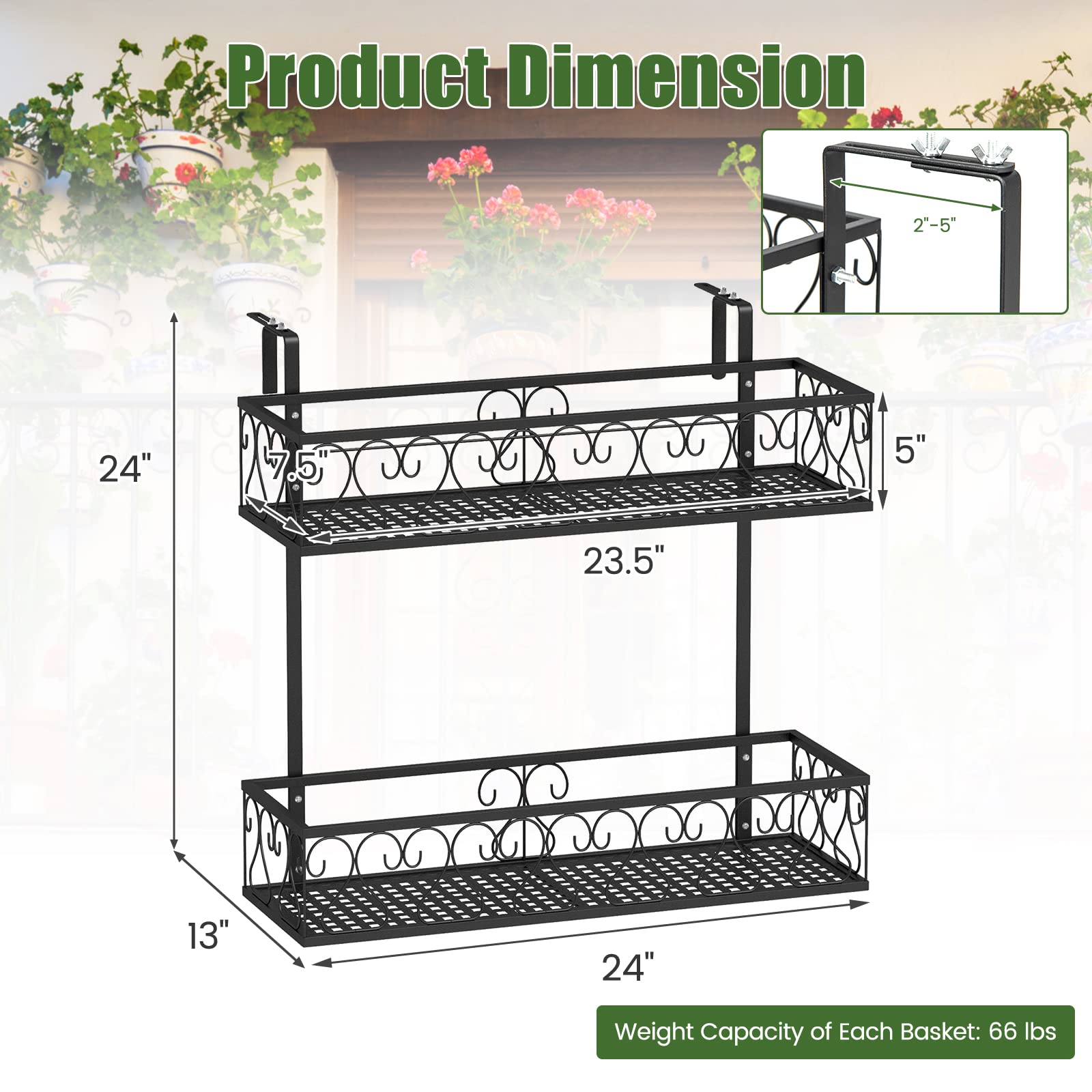 Giantex Balcoy Flower Pot Stand Rack w/ Adjustable Hooks & 2 Planter Baskets
