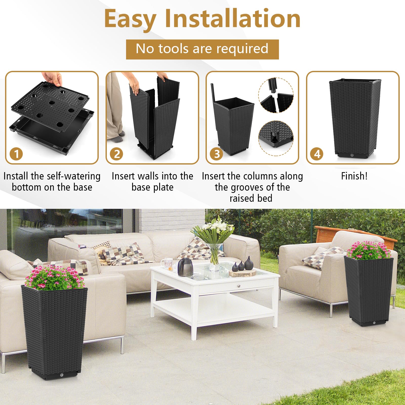 Giantex Outdoor Wicker Flower Pot Set of 2, 22.5” Tall Planters with Drainage Hole, Self-Watering Tray