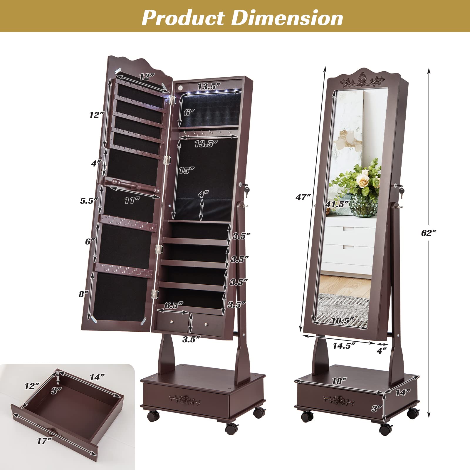 CHARMAID 6 LEDs Rolling Jewelry Cabinet with High Full Length Mirror, Lockable Standing Jewelry Armoire with Wheels