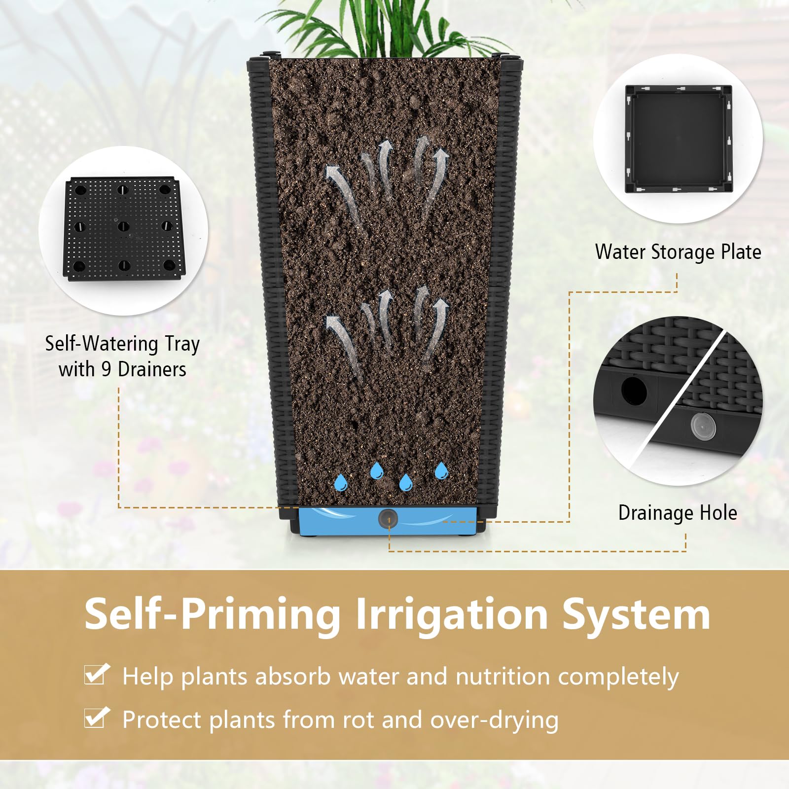 Giantex Outdoor Wicker Flower Pot Set of 2, 22.5” Tall Planters with Drainage Hole, Self-Watering Tray