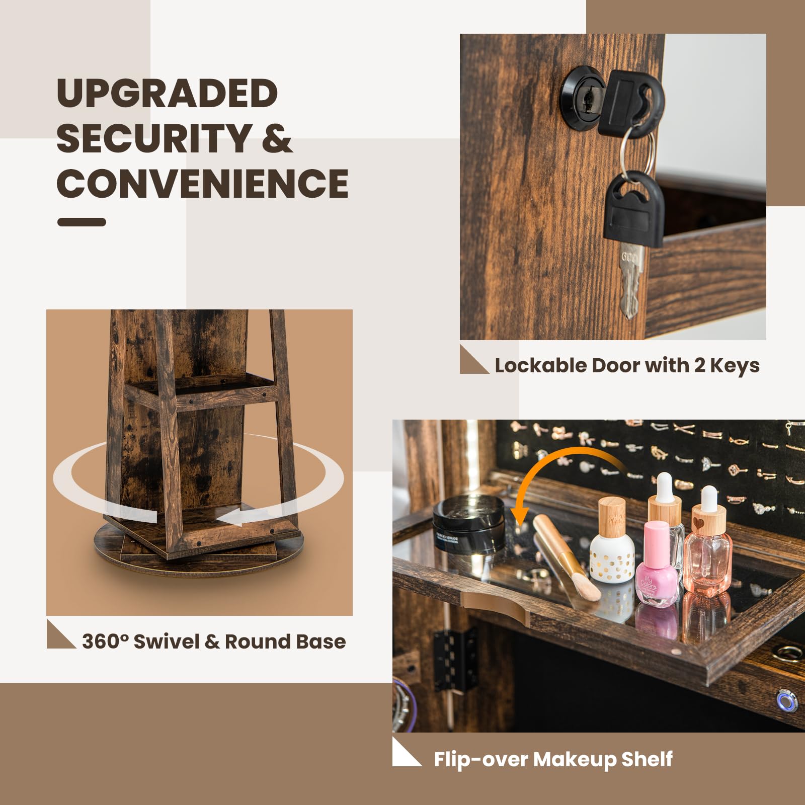 CHARMAID LED Mirror Jewelry Cabinet Armoire 360° Swivel, 63" H 3-Color Lighted Full Length Mirror