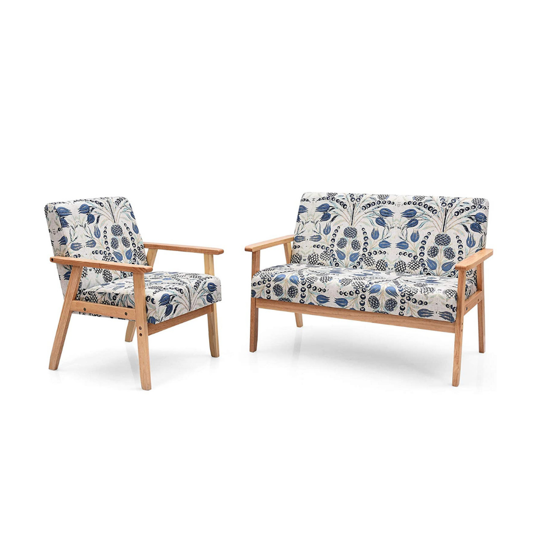 Mid-Century Wooden Loveseat Accent Chair Set