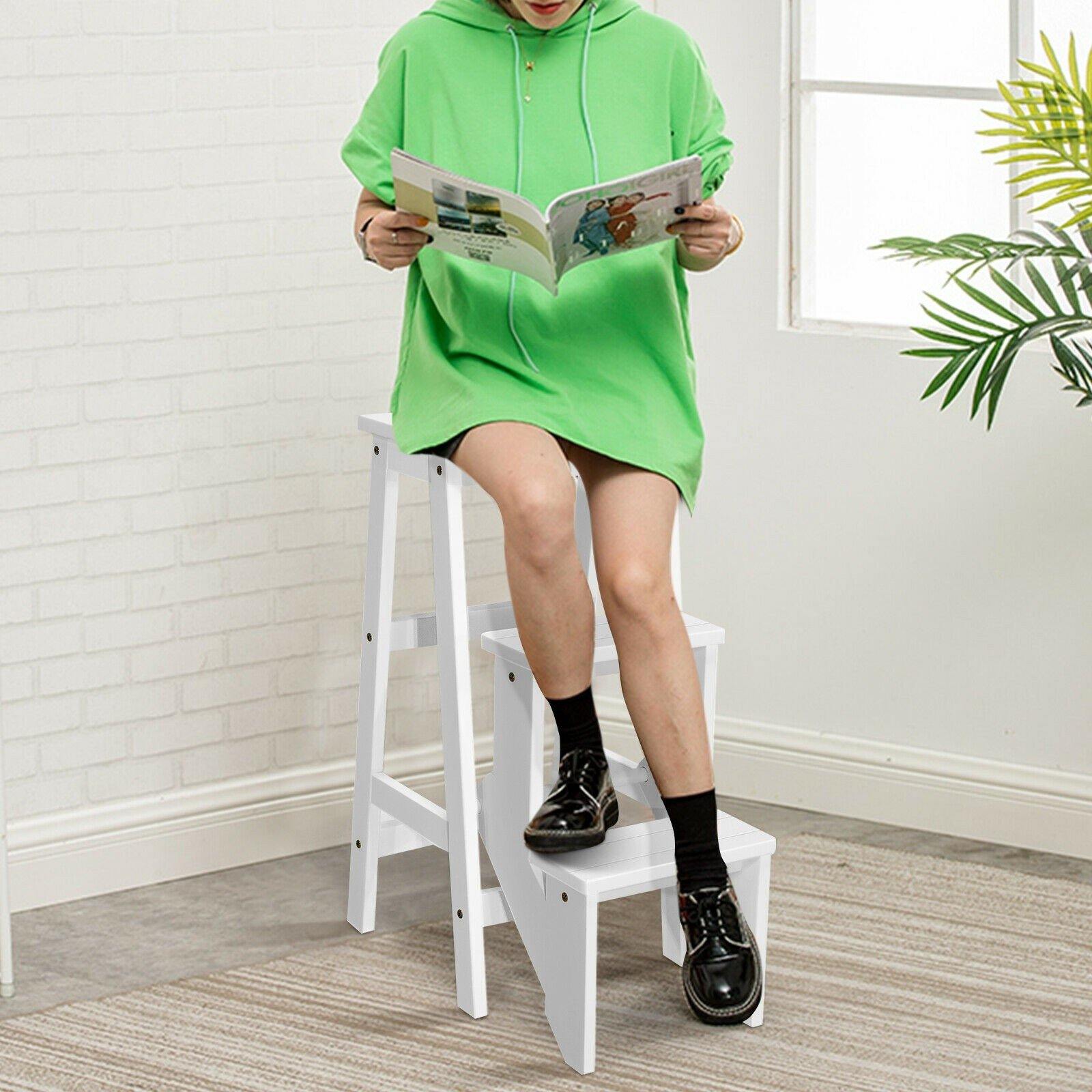 3 Tier Folding Step Ladder, Multifunction 3-in-1 Wood Step Stool