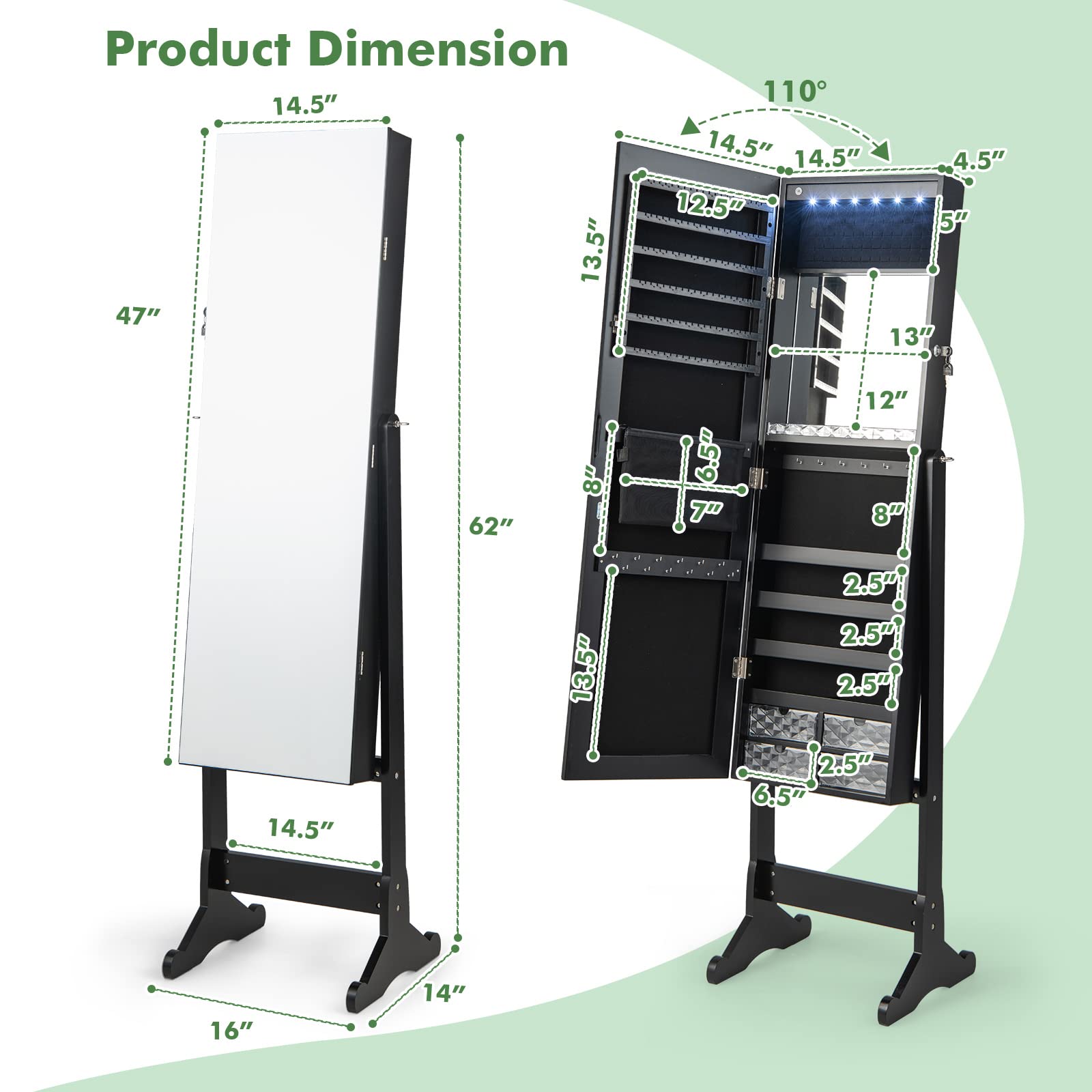 CHARMAID 6 LEDs Jewelry Cabinet Armoire with High Full length Mirror, Lockable Standing Jewelry Organizer Storage with lipstick Tray