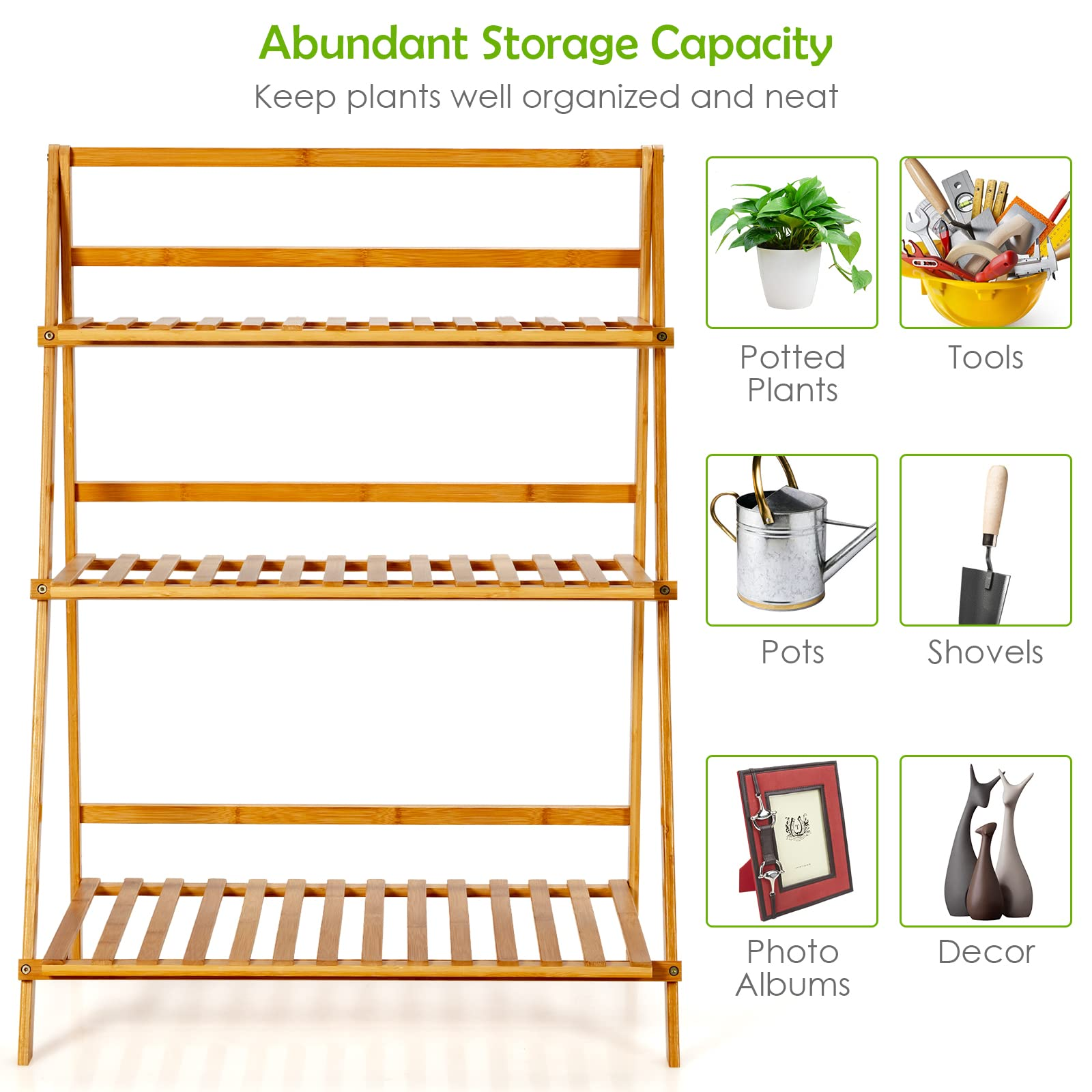 Giantex 3 Tier Folding Storage Shelf, Bamboo Ladder Plant Stand