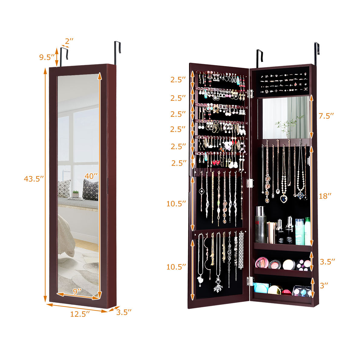 Jewelry Armoire Cabinet Wall Door Mounted with Full Length Mirror