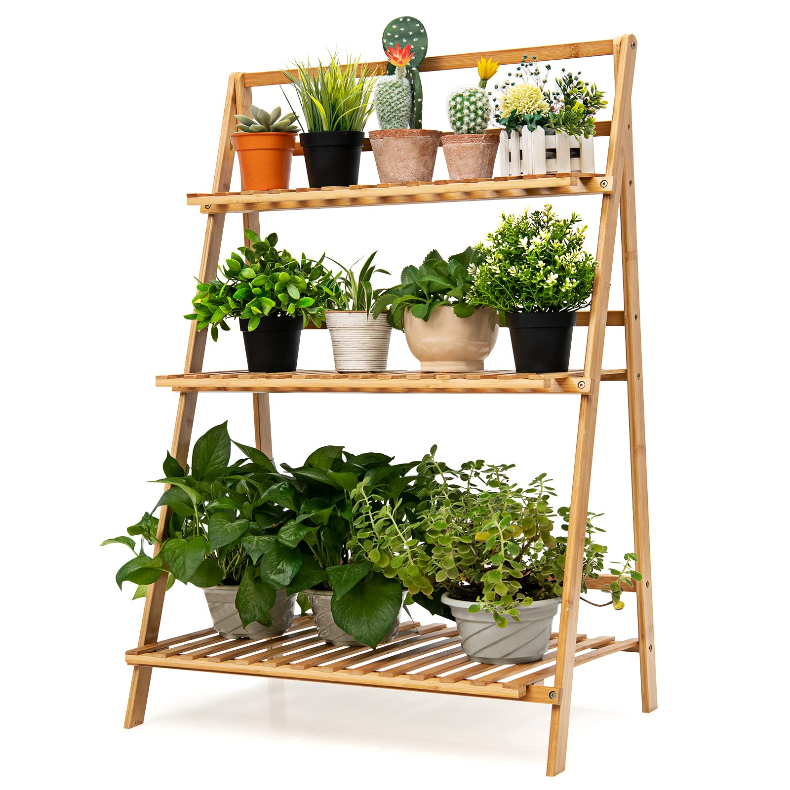 Giantex 3 Tier Folding Storage Shelf, Bamboo Ladder Plant Stand