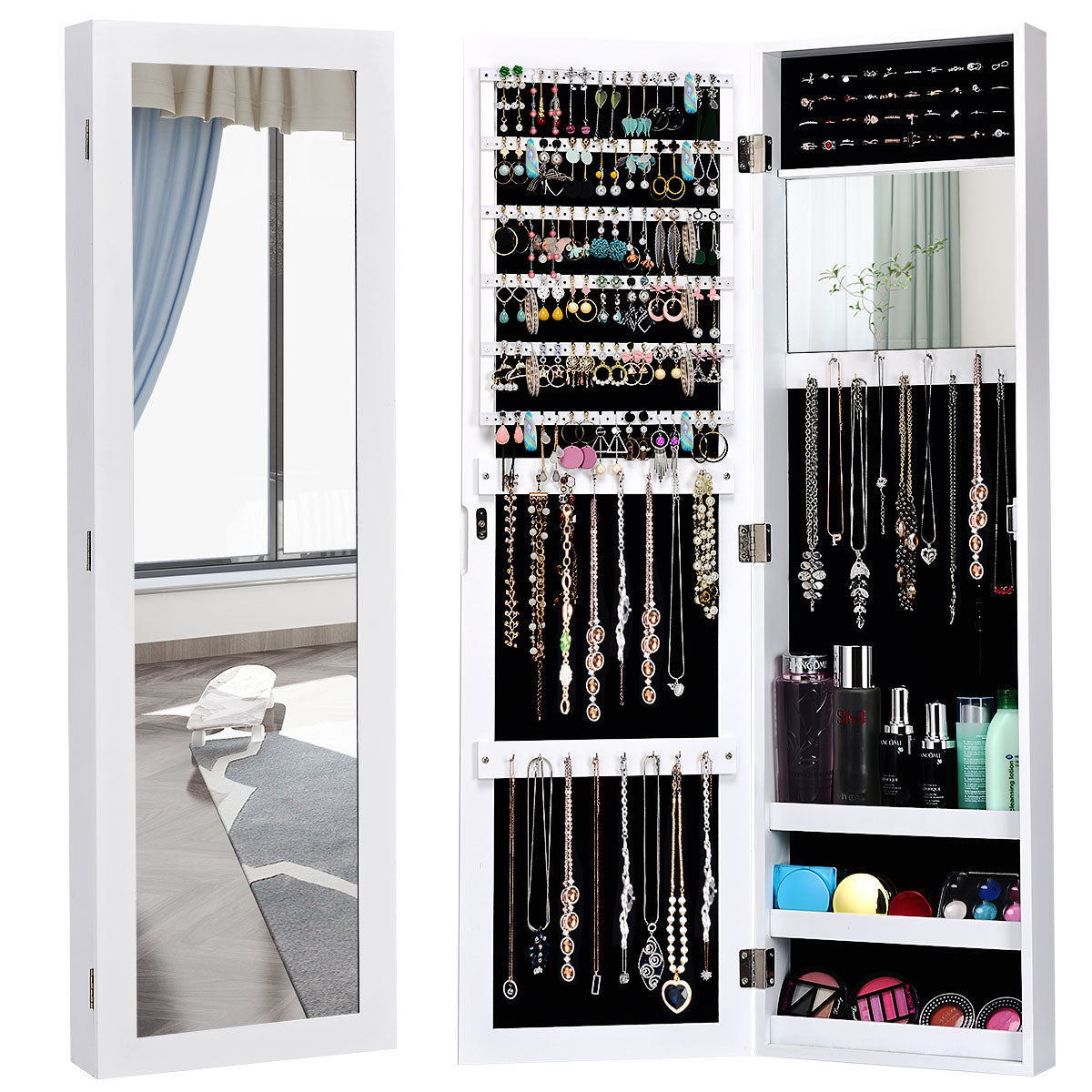 Jewelry Armoire Cabinet Wall Door Mounted with Full Length Mirror
