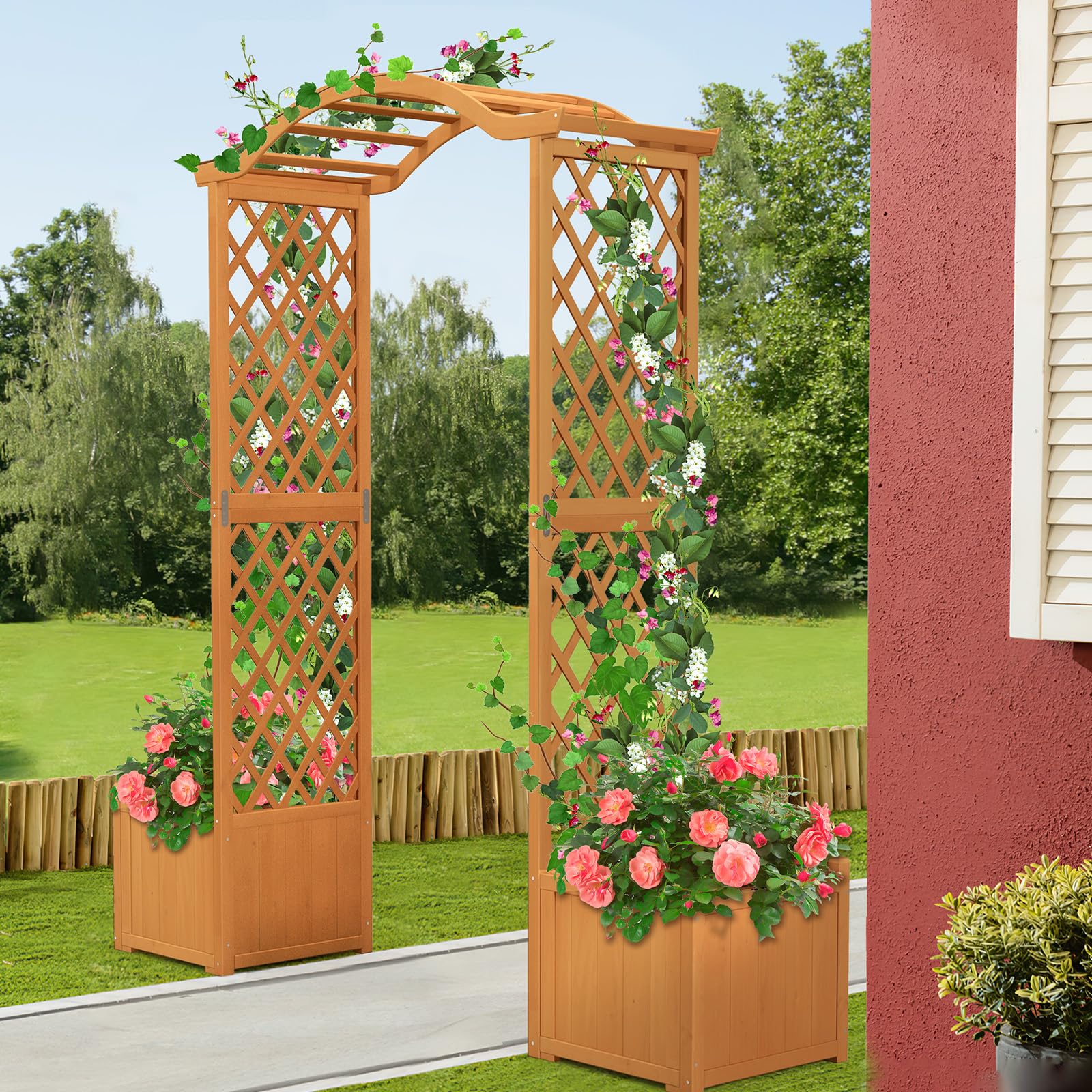 Giantex Garden Arbor with Planter, Wooden Planter Arch with Trellis, Outdoor Arch for Climbing Plants
