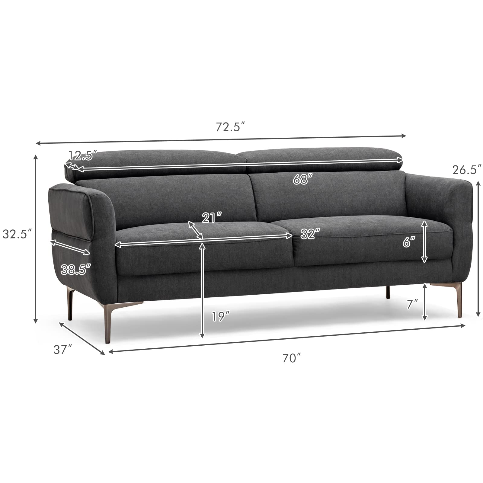 Giantex Couch, Upholstered Loveseat with Lift-up Headrest and Metal Legs