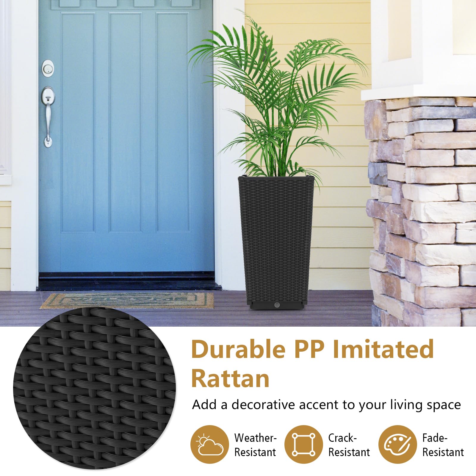 Giantex Outdoor Wicker Flower Pot Set of 2, 22.5” Tall Planters with Drainage Hole, Self-Watering Tray