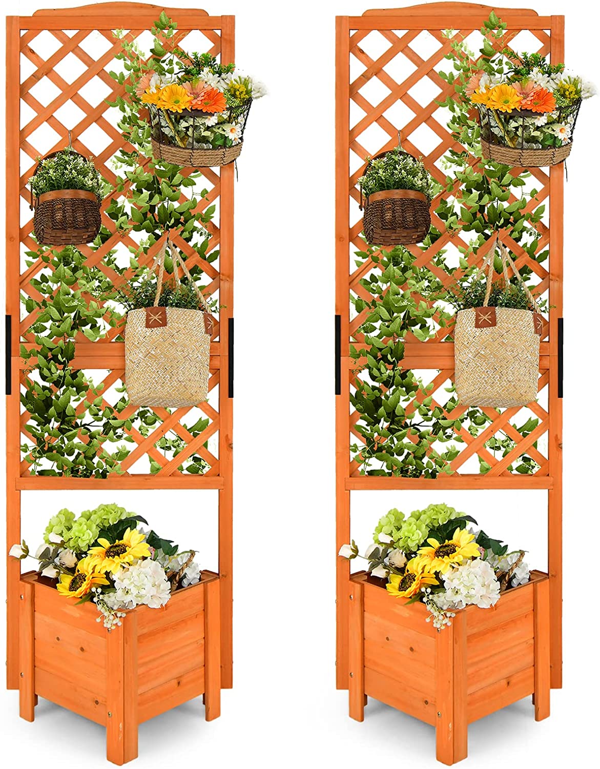 Giantex Planter Raised Bed with Trellis, Wood Raised Garden Bed 71" High Trellis for Plant Flower Climbing